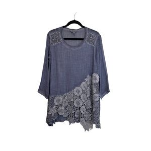 Krazy Kat Blue Lightweight Floral Applique Hem 3/4 Sleeve Tunic Top Women Size L